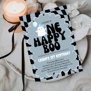 Invitation Retro One Happy Boo Boy 1er Anniversaire Photo Fêt