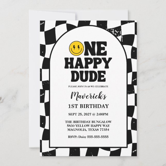 Invitation Retro One Happy Dude Smile Face Boy 1st Birthday (Devant)