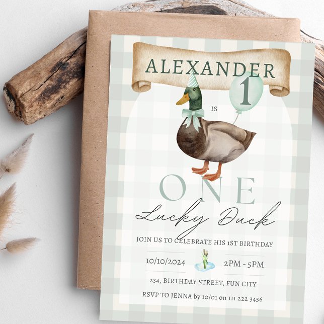 Invitation Retro One Lucky Duck 1er Anniversaire Vert En vich (Retro One Lucky Duck 1st Birthday Green Gingham  Invitation)