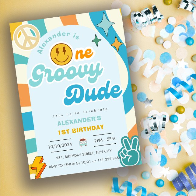 Invitation Retro One Super Dude Boy 1er Anniversaire (Retro One Groovy Dude Boy 1st First Birthday Invitation)