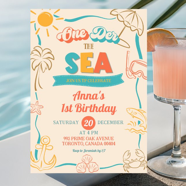 Invitation Retro Oneder la mer Premier Anniversaire (Créateur téléchargé)