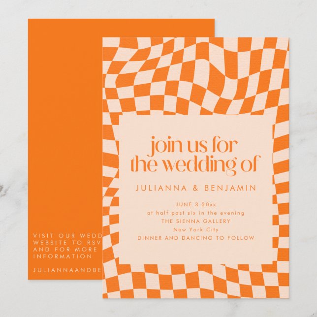 Invitation Retro Orange Abstract Check Wedding QR Code RSVP (Devant / Derrière)