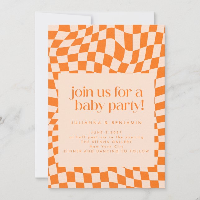 Invitation Retro Orange Abstrait Checkerboard Baby (Devant)