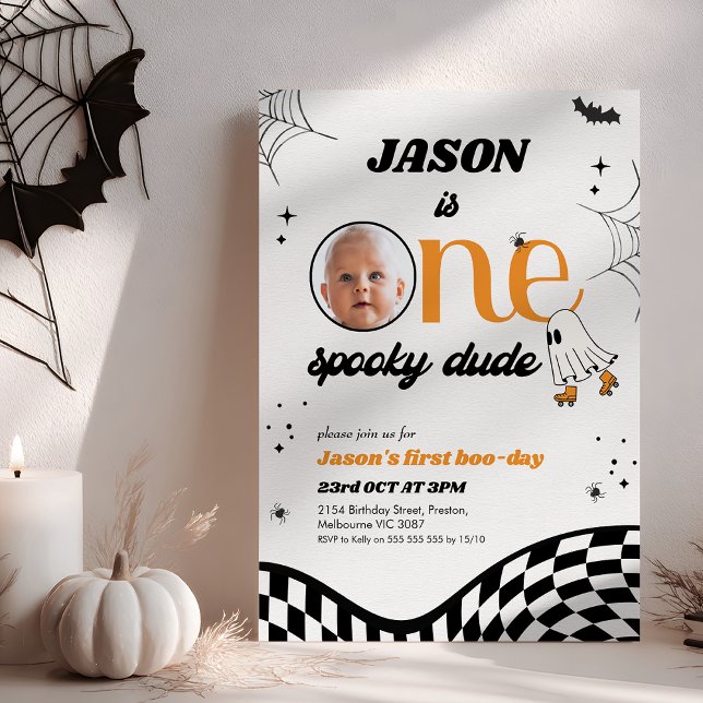 Invitation Retro Orange Black One Éffrayant Dude 1er annivers (Retro One Spooky Dude 1st Birthday Invitation, Spooky One Halloween First Birthday Invitation)