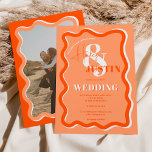 Invitation Retro orange courbe squiggle ondulée photo mariage<br><div class="desc">Un cool en caractères gras faire-part de mariage avec des noms personnalisés avec une calligraphie manuscrite et une police serif, 2 noms, deux styles avec la courbe orange rétro squiggle ondulé photo mariage. Tous les textes, noms et couleurs arrière - plans sont personnalisables pour vous permettre de mélanger et de...</div>