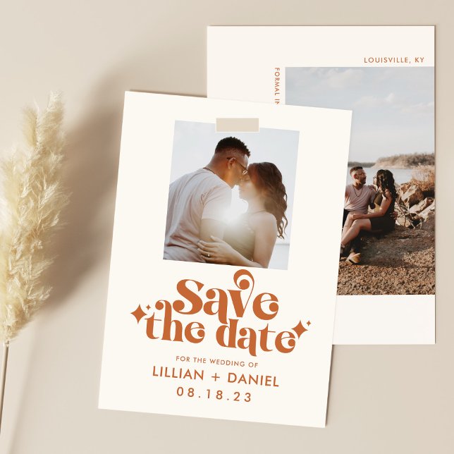 Invitation Retro Orange Photo Enregistrer la date Annonce (Créateur téléchargé)