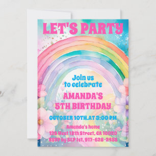 Invitation Retro Pastel Fleurs Arc-en-ciel Faisons la fête An