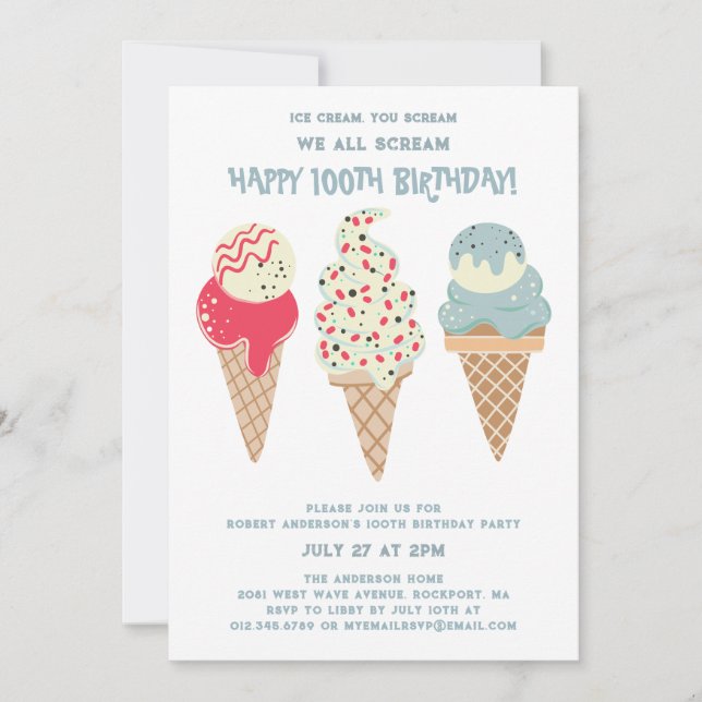 Invitation Retro Patriotic Ice Cream Cone 100e anniversaire (Devant)