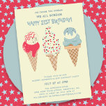 Invitation Retro Patriotic Ice Cream Cone 21e anniversaire<br><div class="desc">Nouveau pour l'été 2024. Notre Crème De Glace,  Vous Criez Nous Crions Tous Joyeux 21E Anniversaire ! Suivie de trois cônes de crème glacée couleur aquarelle rétro avec des glaces patriotiques rouges,  blanches et bleues et des arrosées.</div>