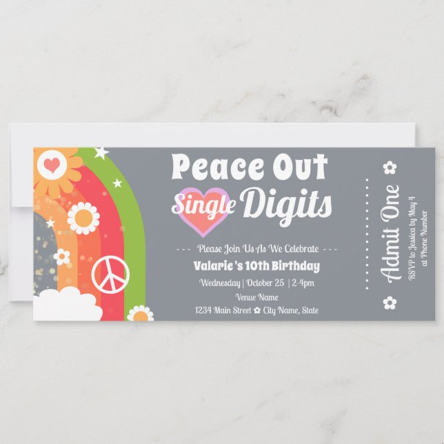 Invitation Retro Peace Out 10th Birthday Ticket (Devant)