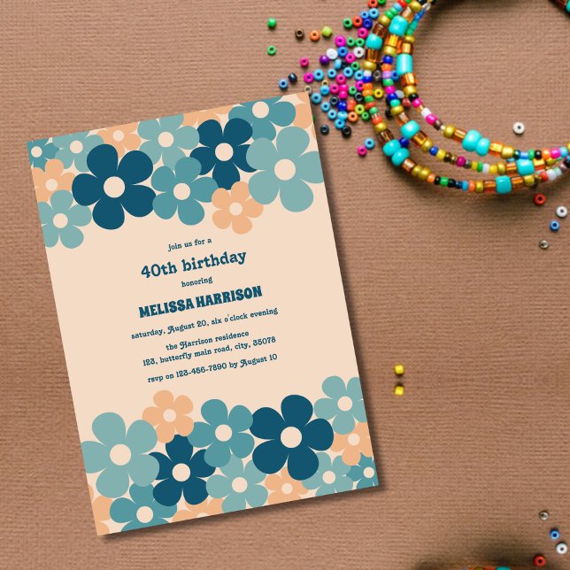 Invitation Retro Peach Green Boho Flower 40th Birthday (Créateur téléchargé)