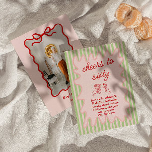 Invitation Retro Peint 60e Rouge rose rayures photo Anniversa