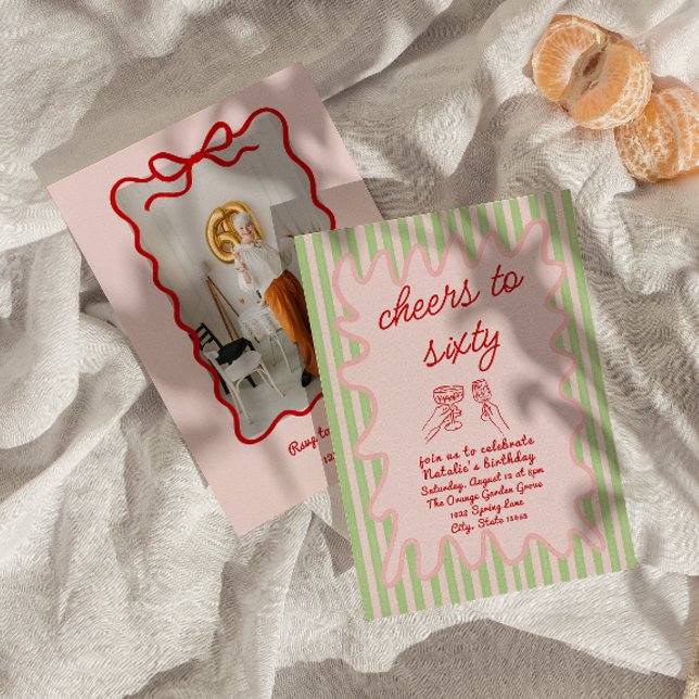 Invitation Retro Peint 60e Rouge rose rayures photo Anniversa (Créateur téléchargé)