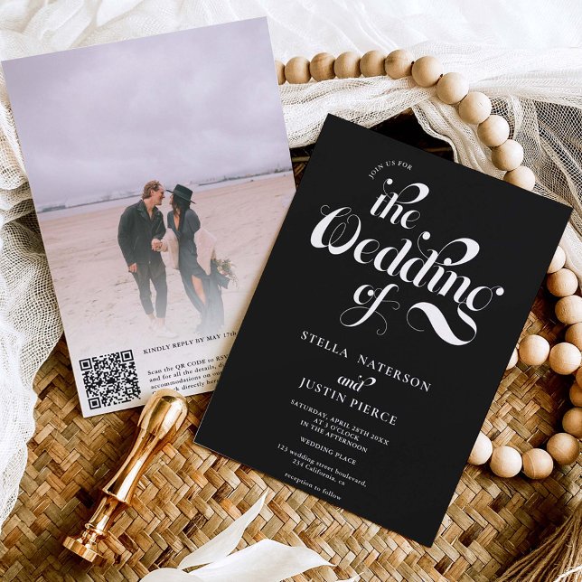Invitation Retro photo blanc noir script mariage Qr code (Créateur téléchargé)