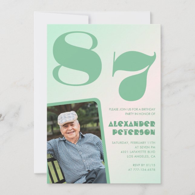 Invitation Retro Photo Green Gradient Man 87e anniversaire (Devant)