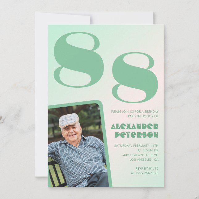 Invitation Retro Photo Green Gradient Man 88e anniversaire (Devant)