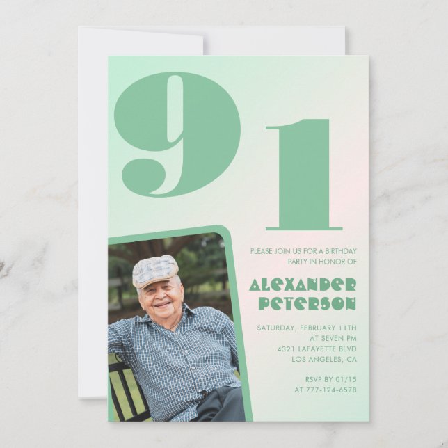 Invitation Retro Photo Green Gradient Man 91e anniversaire (Devant)