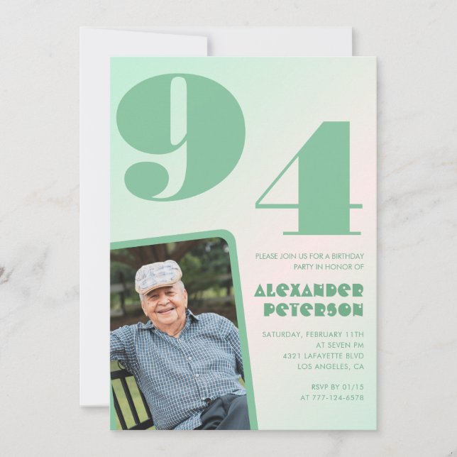 Invitation Retro Photo Green Gradient Man 94e anniversaire (Devant)