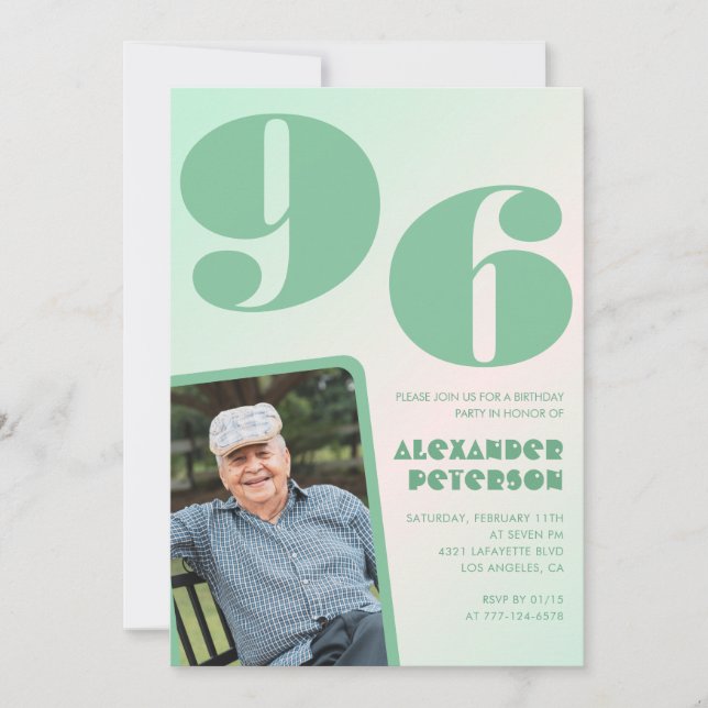 Invitation Retro Photo Green Gradient Man 96e anniversaire (Devant)
