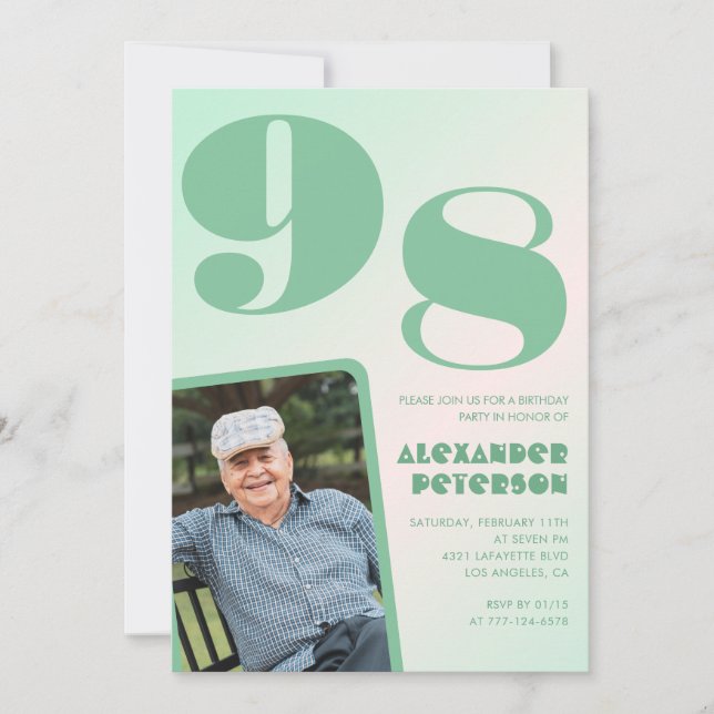 Invitation Retro Photo Green Gradient Man 98e anniversaire (Devant)