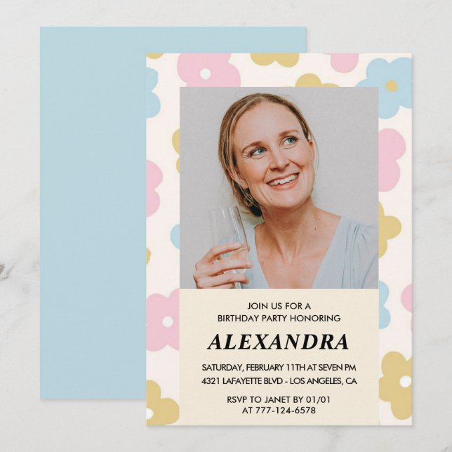 Invitation Retro Photo motif floral 44e anniversaire (Devant / Derrière)