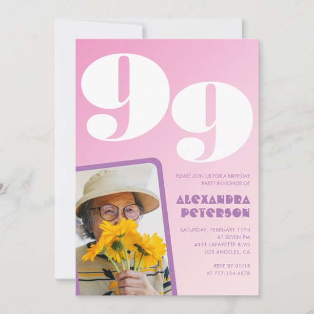 Invitation Retro Photo rose 99e anniversaire (Devant)