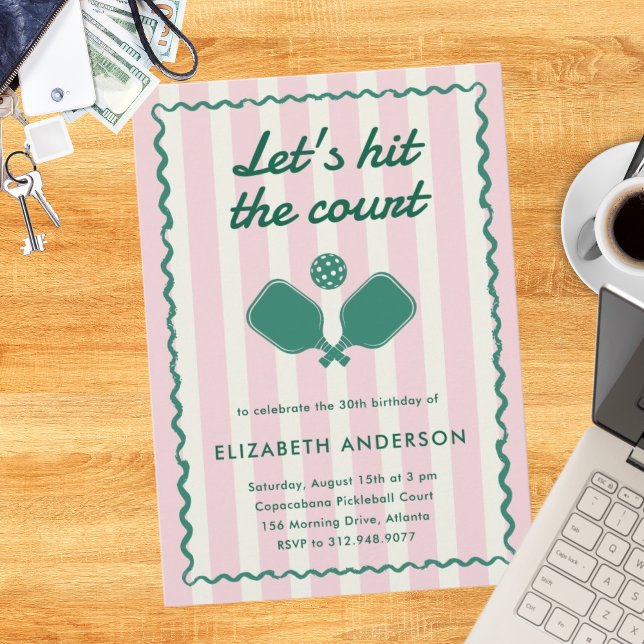 Invitation Retro Pickleball rose Élégante fête d'anniversaire (Créateur téléchargé)