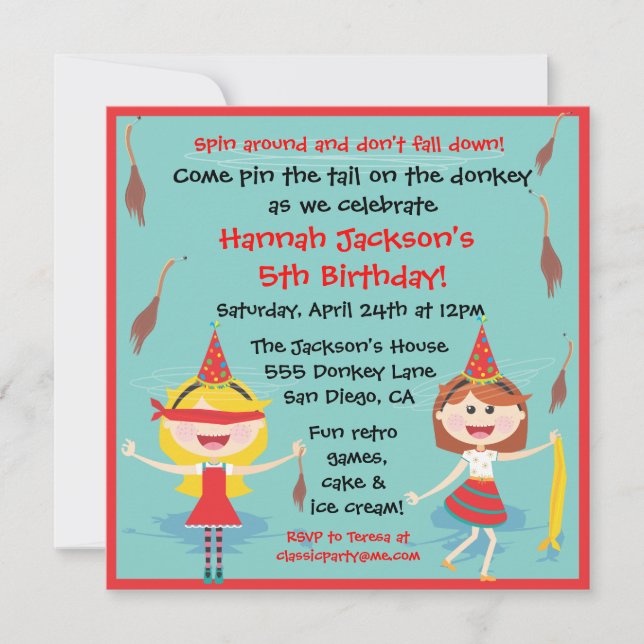 Invitation Retro Pin the tail on Donkey Birthday Party (Devant)