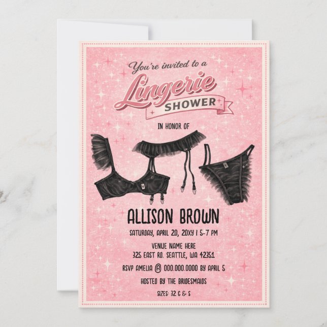 Invitation Retro Pink Black Lingerie Shower Bachelorette  (Devant)