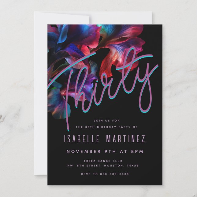 Invitation Retro Pink Blue Neon Floral 30e anniversaire (Devant)