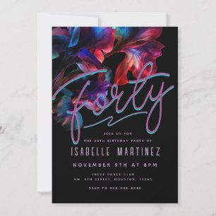 Invitation Retro Pink Blue Neon Floral 40e anniversaire