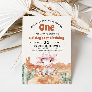 Invitation Retro Pink Cow Cowgirl Western 1er Anniversaire