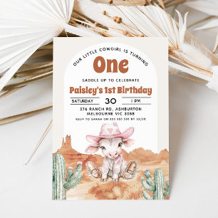 Invitation Retro Pink Cow Cowgirl Wild West 1er anniversaire