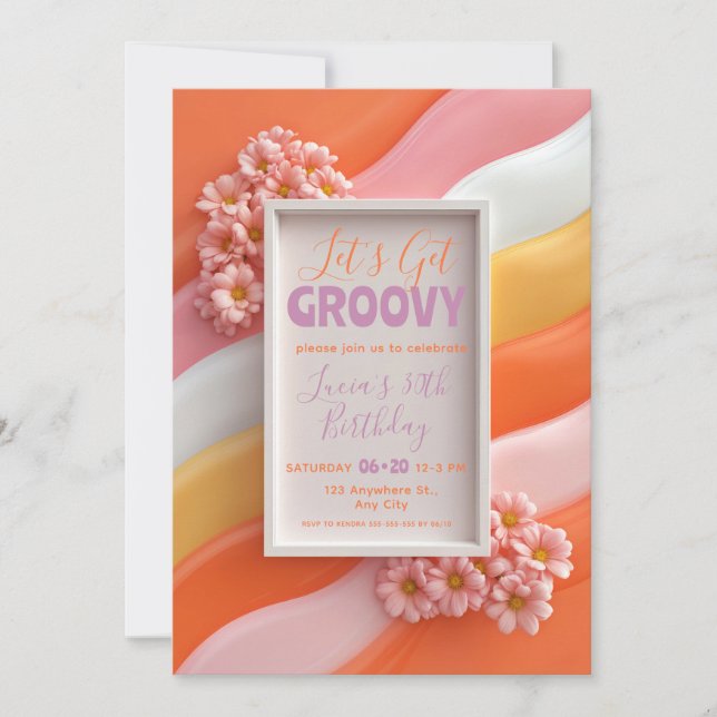 Invitation Retro Pink Daisy and Orange Gummy Waves Birthday (Devant)