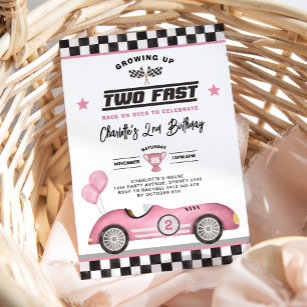 Invitation Retro Pink Deux Fast Race Car Girl 2e anniversaire