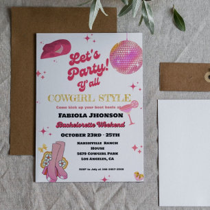 Invitation Retro Pink Disco Cowgirl Western Bachelorette