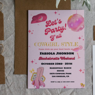 Invitation Retro Pink Disco Cowgirl Western Bachelorette
