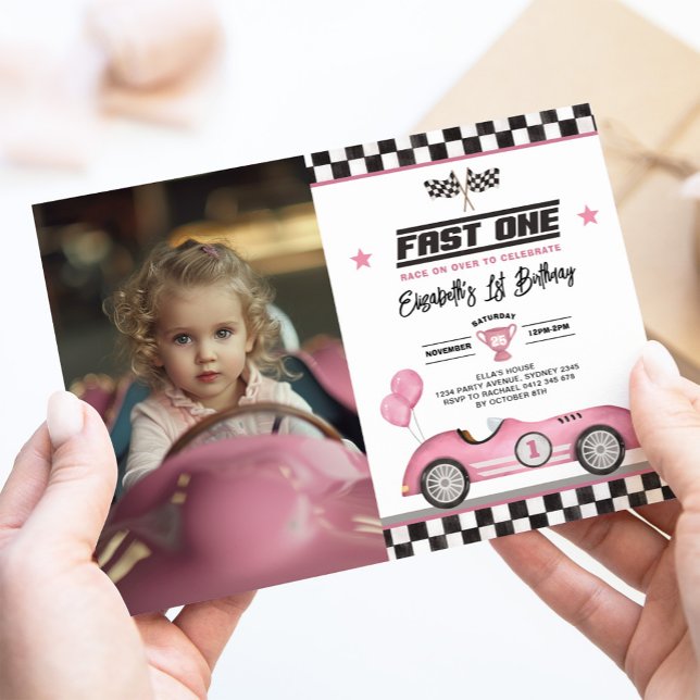 Invitation Retro Pink Fast One Race Car 1er Anniversaire Phot (Créateur téléchargé)