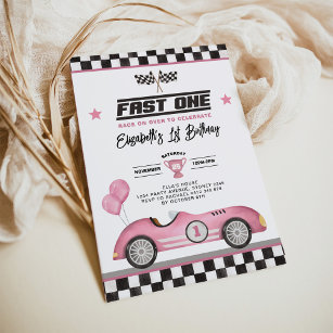 Invitation Retro Pink Fast One Race Car Girl 1er anniversaire