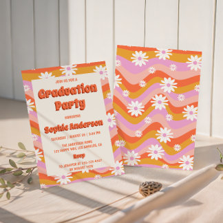 Invitation Retro Pink Groovy Daisy Floral Graduation Party 