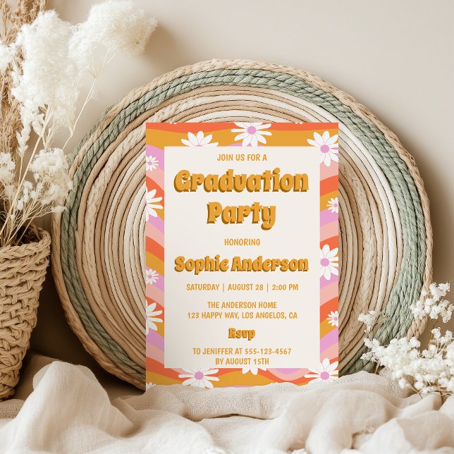 Invitation Retro Pink Groovy Daisy Floral Graduation Party  (Créateur téléchargé)