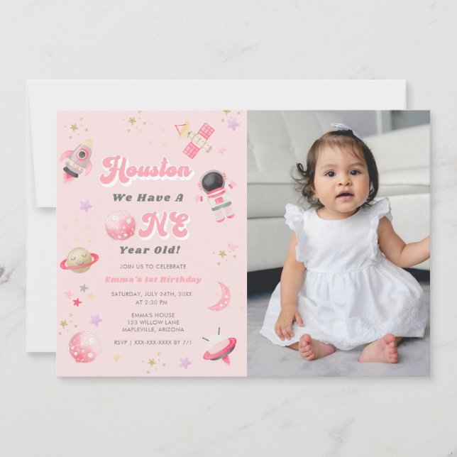 Invitation Retro Pink Houston Nous avons un an Anniversaire (Devant)