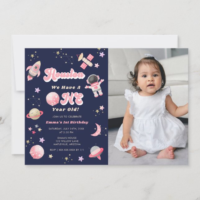 Invitation Retro Pink Houston Nous avons un an Anniversaire (Devant)