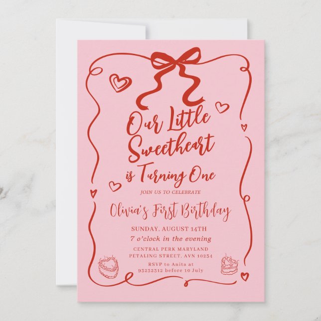 Invitation Retro Pink Notre Petite Amoureuse Rouge 1er Annive (Devant)