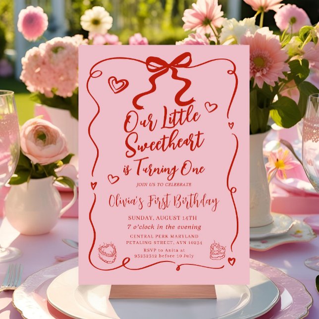 Invitation Retro Pink Notre Petite Amoureuse Rouge 1er Annive (Créateur téléchargé)