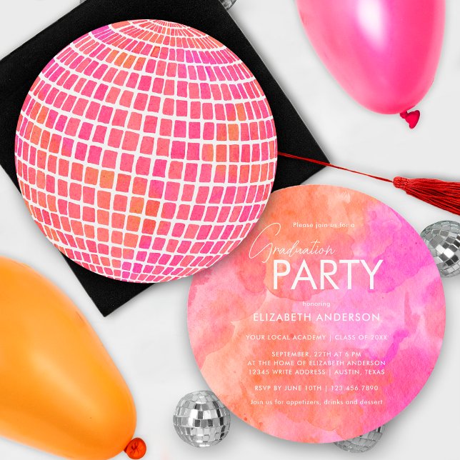 Invitation Retro Pink Orange Disco Ball fête de graduation (Créateur téléchargé)
