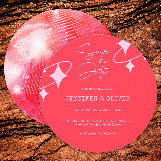 Invitation Retro Pink Orange Disco Ball Wedding Enregistrer l (Front and Back)