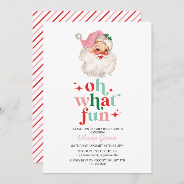 Invitation Retro Pink Père Noël oh quel Baby shower amusant (Devant / Derrière)