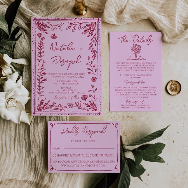 Invitation Retro Pink Raspberry Drawn Floral Garden Wedding (Créateur téléchargé)