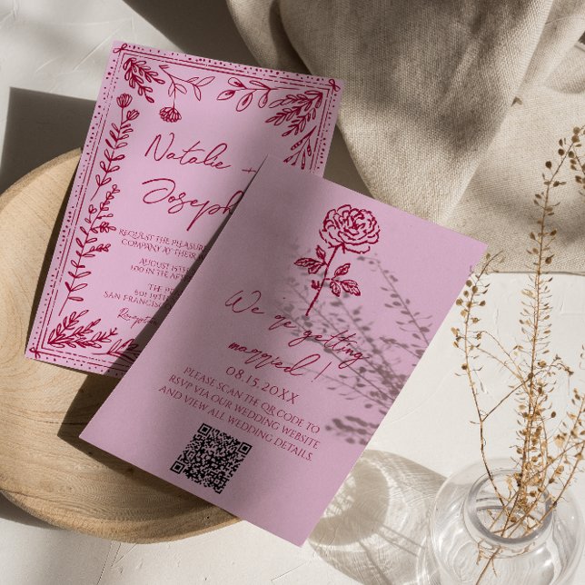 Invitation Retro Pink Raspberry QR Code Drawn Floral Wedding (Créateur téléchargé)